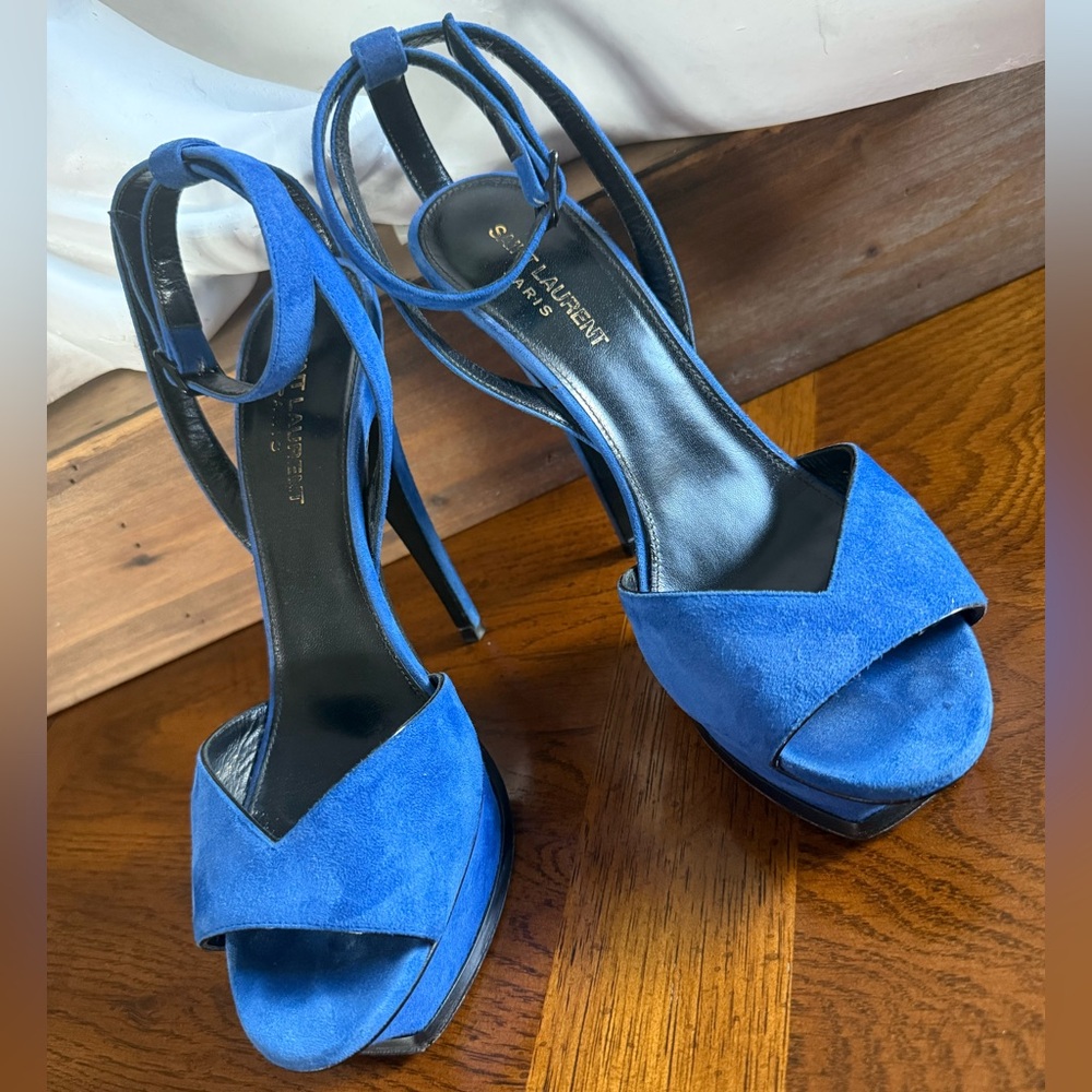 💙 SAINT LAURENT Kid Scamosciato Tribute 105 Open Toe Platform Sandals size 37 💙 - Picture 3 of 14